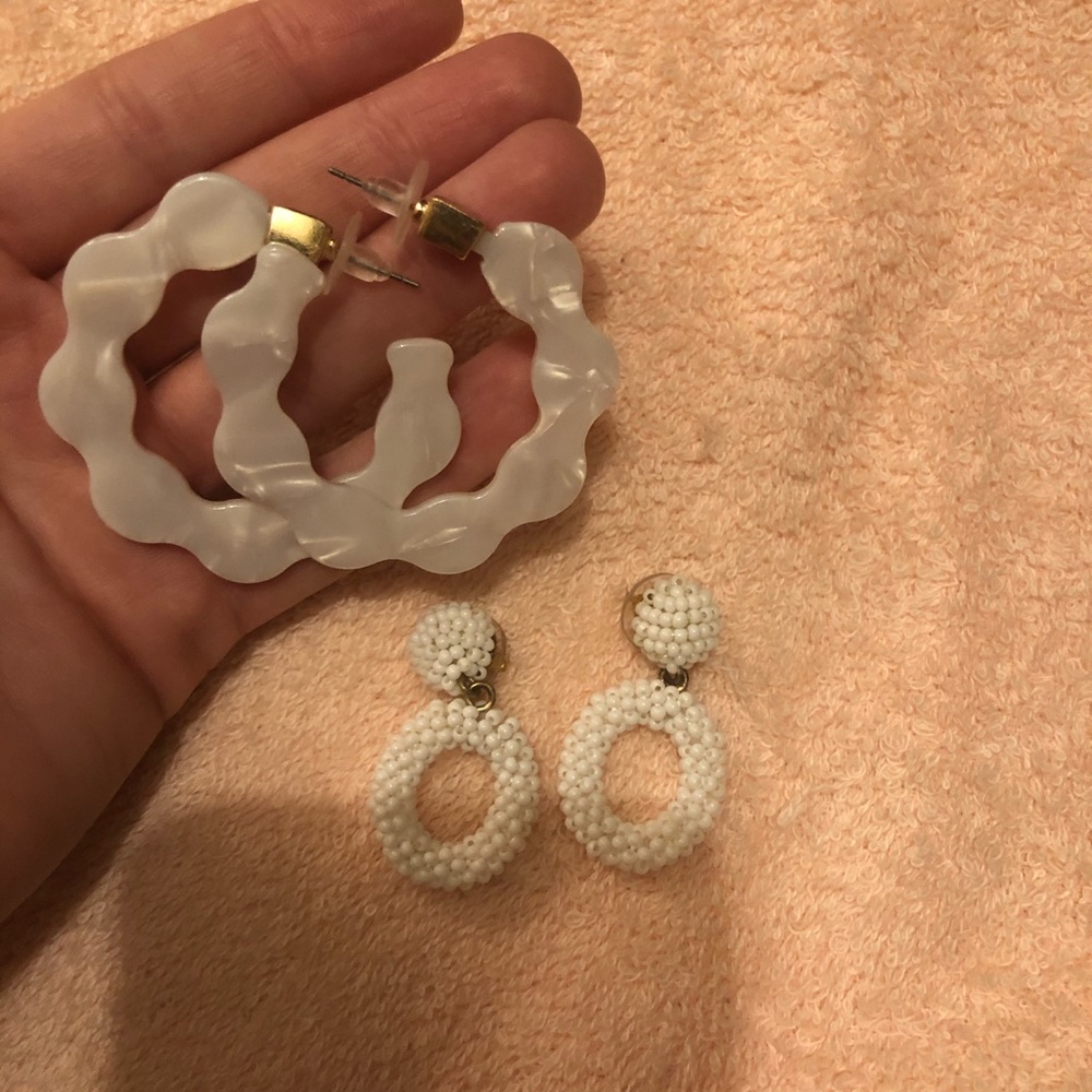 White hoop and dangle beaded earrings